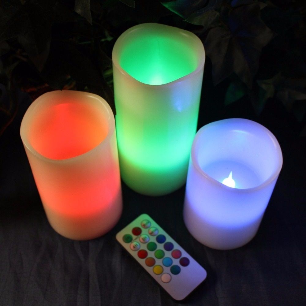 3pc LED Flameless Candles 4" 5" 6" Pillar 12 Color Changing w/ Remote