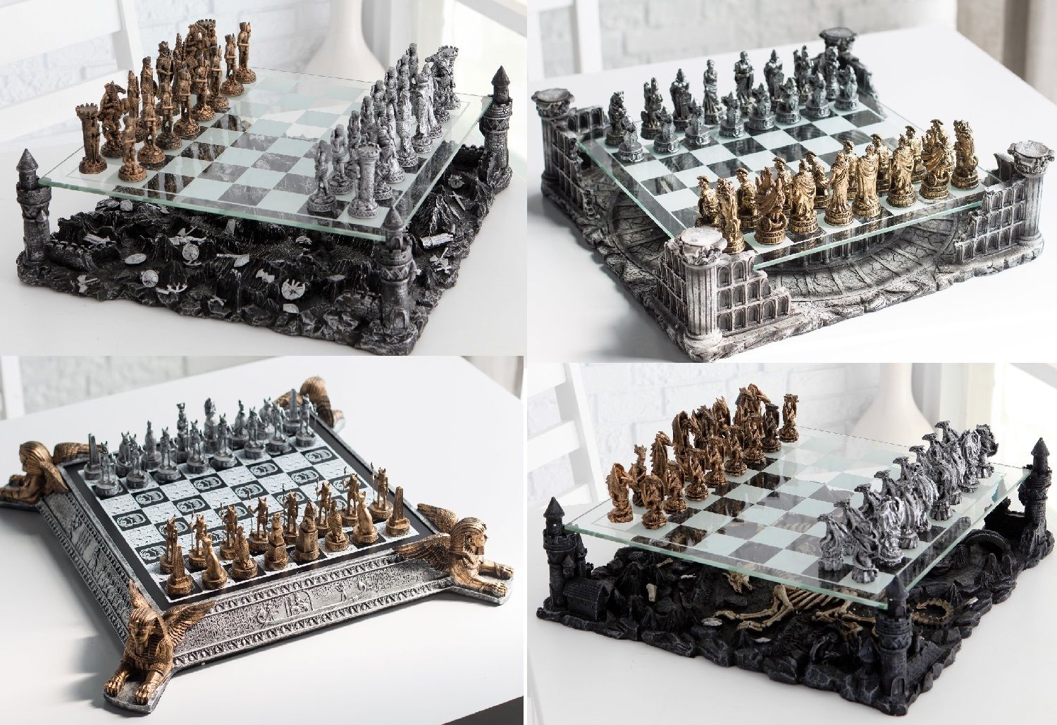 Polystone chess set 3D Egyptian detailed pieces painted in bronze and pewter