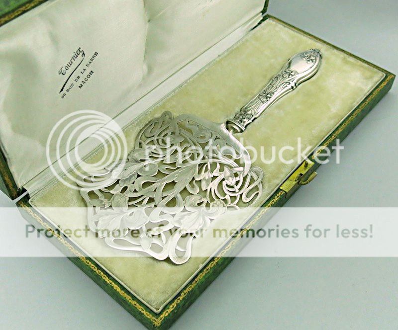 Antique French Sterling Silver Asparagus Pastry Server Art Nouveau Iris Box Case